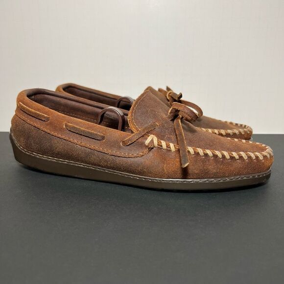 Mens MINNETONKA Classic Brown Made in USA Leather Slip On Moccasins / Size 8 - Picture 1 of 8